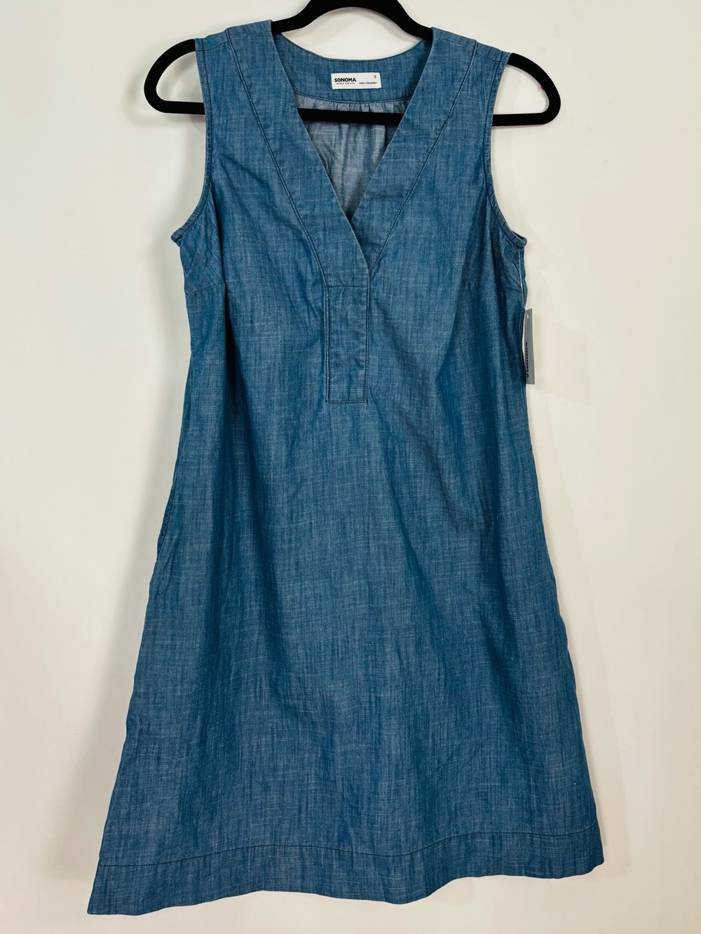 Women’s Sonoma Blue Jean Denim Dress V Neck Sleeveless Side Pockets Sz Small NWT